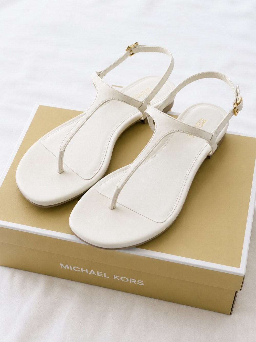 Michael Kors Tasha T-Strap Leather Kitten Heel Sandals Cream 5.5